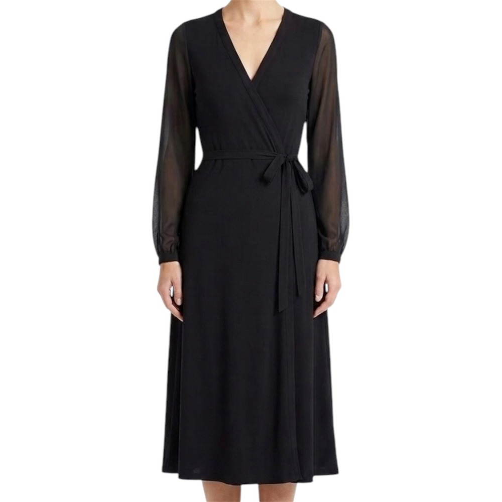 Boden Wrap Dress Women 2R Black Sheer Sleeve Midi V-Neck WW175